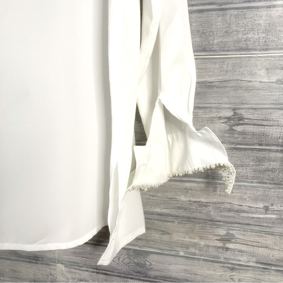 Vintage White Pearl Embellished Collar Sheer Long Sleeve Button Up Size Medium - Picture 11 of 16